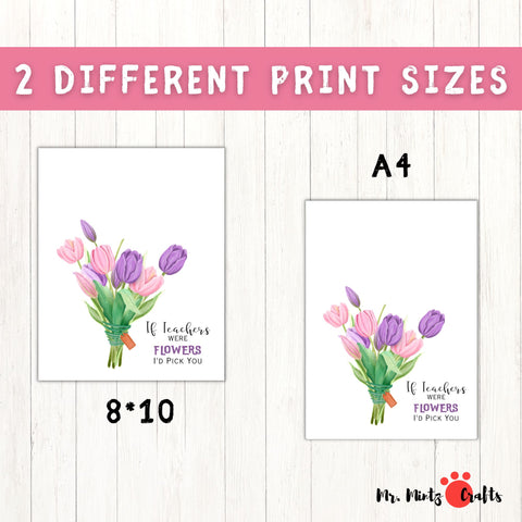 Personalized Teacher Appreciation Printable Art featuring a vibrant bouquet of tulips with a child's handprint and the message 'If Teachers Were Flowers, I'd Pick You.' Ideal for Teacher Appreciation Week or as a unique end-of-year gift to show gratitude.