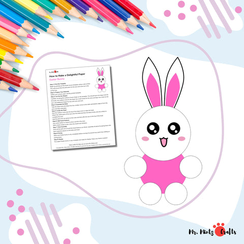 A handmade paper Easter bunny crafted with care, featuring a pink nose, expressive eyes, and whimsical ears. The bunny is placed on a festive surface, ready to bring joy to Easter celebrations.