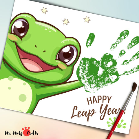 Leap Year handprint craft art featuring a smiling frog, ideal for personalized birthday cards for Leap Day babies born on February 29th, as a printable greeting.