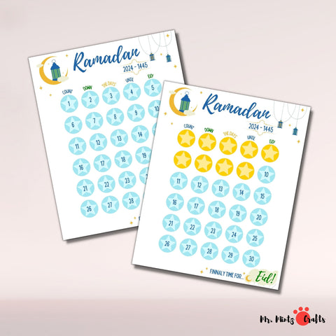 Ramadan Calendar 2024 for Kids Printable, featuring a fun countdown with star and crescent shapes. Ideal for Islamic Crafts, Ramadan Gift, and Eid Mubarak celebrations, it's perfect for interactive Ramadan Countdown Calendar Activities for Kids.