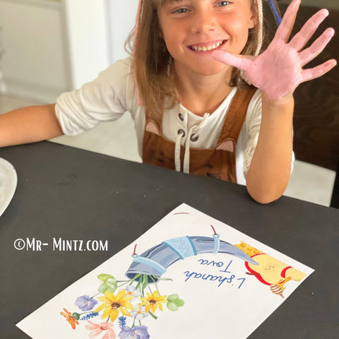 Rosh Hashanah handprint craft featuring a shofar, apples, and flowers with Shana Tova inscription, perfect for a memorable celebration.