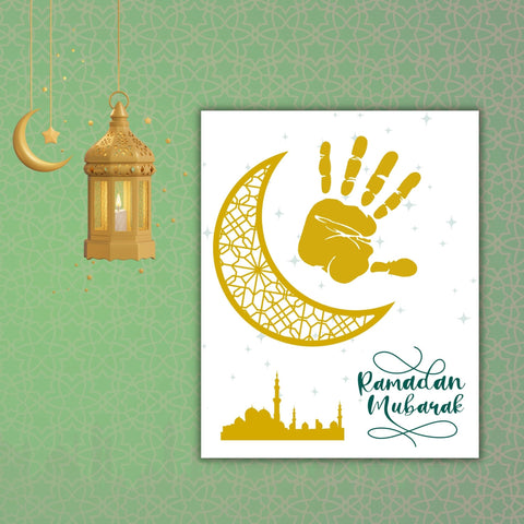 Printable Ramadan Handprint Art Craft with stars and moon, serving as creative Islamic Crafts for Kids or a special Ramadan Gift from Kids to beautify any Ramadan Decor