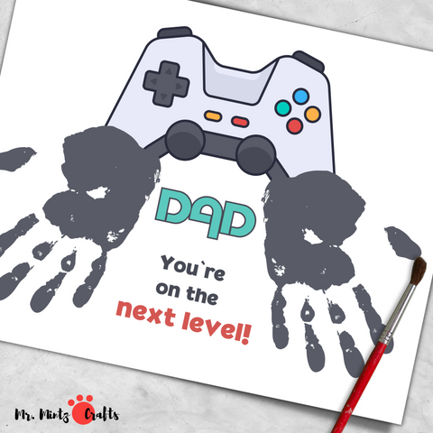 Celebrate Fathers Day with our handprint craft for gamer dads. Show your appreciation with the message, Dad, you are on the next level! Perfect for gaming enthusiasts, this personalized gift promotes creativity and captures cherished memories.