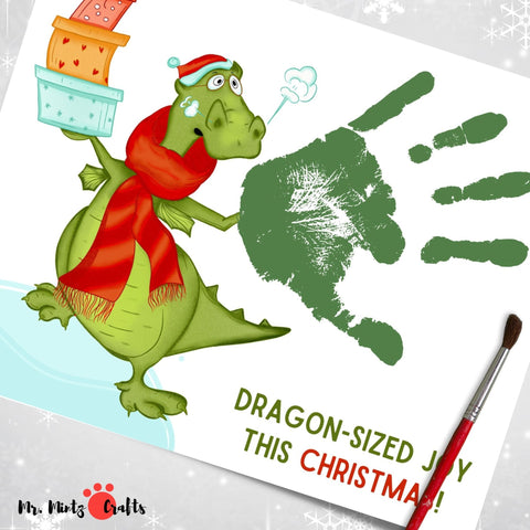 Christmas craft with a dragon in a Santa hat, exhaling a cloud shaped like a handprint, with 'Dragon-sized joy this Christmas!' text.