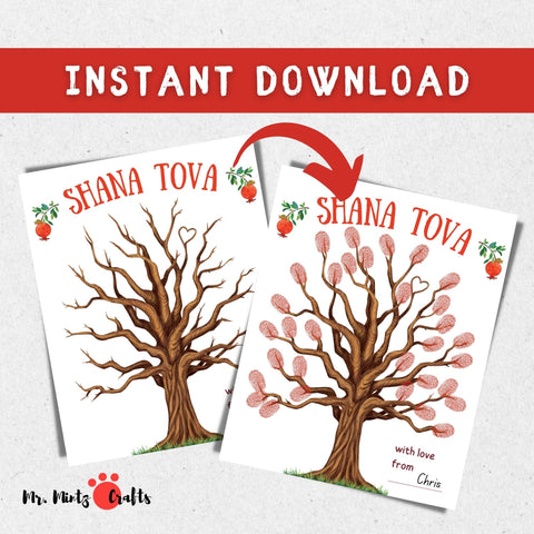 Personalize your Rosh Hashanah with a unique fingerprint craft featuring the inscription Shana Tovah and customizable with your child's name. Pomegranate-inspired fingerprints adorn the tree, creating a cherished keepsake.