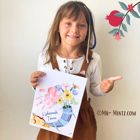 Rosh Hashanah handprint craft featuring a shofar, apples, and flowers with Shana Tova inscription, perfect for a memorable celebration.