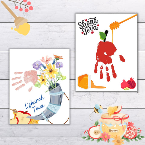 Rosh Hashanah handprint art bundle: Apple, honey, pomegranate, and shofar - themed templates for creative celebrations Jewish New Year.