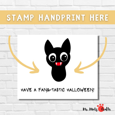 A cute and cheeky Halloween Bat handprint craft for kids. Great for Halloween party decorations, greeting cards.