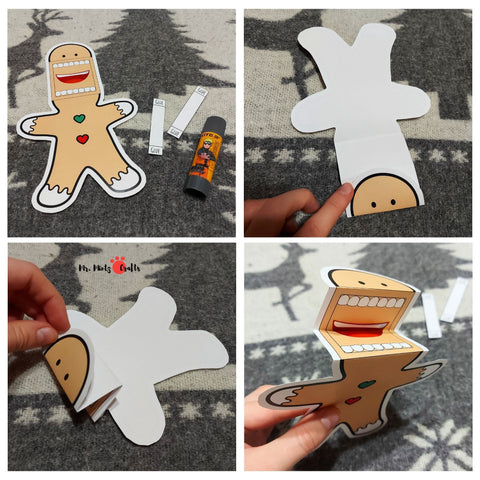 Two gingerbread man puppet crafts with movable mouths, one colored and one for coloring, showcasing bow ties and buttons, ready for creative play.