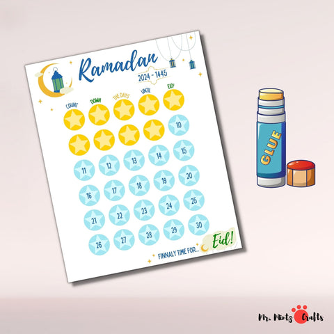 Ramadan Calendar 2024 for Kids Printable, featuring a fun countdown with star and crescent shapes. Ideal for Islamic Crafts, Ramadan Gift, and Eid Mubarak celebrations, it's perfect for interactive Ramadan Countdown Calendar Activities for Kids.