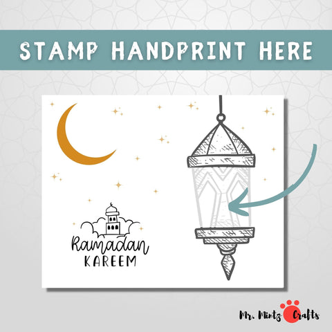 Printable Ramadan Handprint Art Craft with stars and moon, serving as creative Islamic Crafts for Kids or a special Ramadan Gift from Kids to beautify any Ramadan Decor