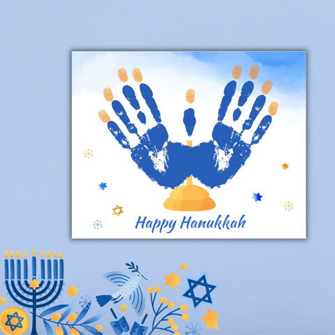 Ready-to-use Hanukkah craft printables featuring handprints, perfect for a family crafting session during the holiday season.