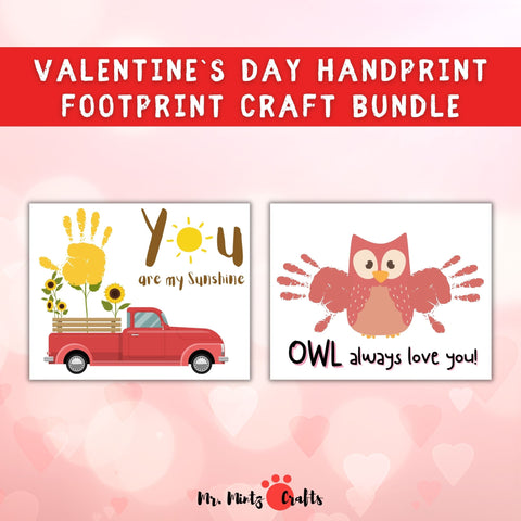 Here are a bundle of creative Valentine's day handprint footprint art crafts and card ideas for kids to make! This Valentines Day set includes an “You are my sunshine,” a “You Make My Heart Saur,” an “Owl Always Love You Owl,” Valentine truck, and more.