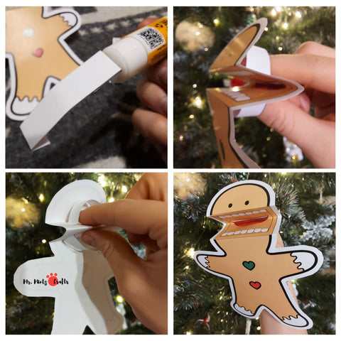 Two gingerbread man puppet crafts with movable mouths, one colored and one for coloring, showcasing bow ties and buttons, ready for creative play.