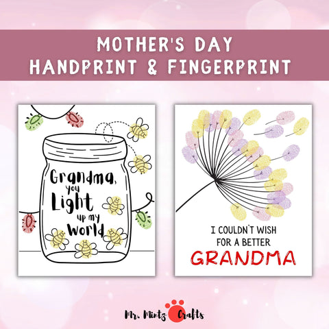 This Mothers Day handprint set includes You are my Sunshine, Happy Mothers Day, Here is a flower for you, Grandma,  I couldnt wish for a better Grandma, Grandma, I love you BERRY MUCH, Grandma, you light up my world etc.