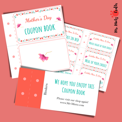 Make Mom feel loved with our Coupon Book this Mother's Day! The digital file has 24 pre-filled, Mom-approved coupons and 6 blank ones for custom ideas. Show Mom your appreciation with this special gift!