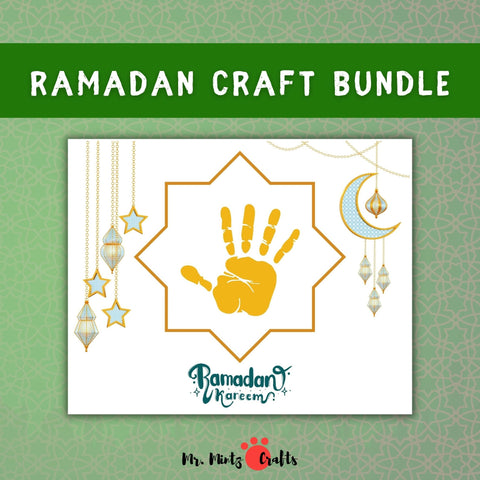 Printable Ramadan Handprint Art Craft with stars and moon, serving as creative Islamic Crafts for Kids or a special Ramadan Gift from Kids to beautify any Ramadan Decor