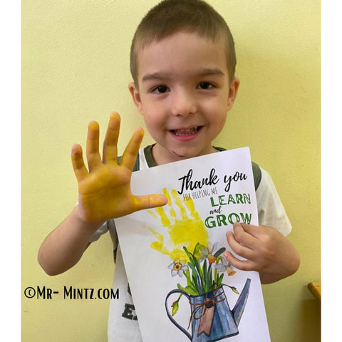 Printable 'Thank You for Helping Me Grow' teacher appreciation art featuring a watering can with flowers, ready for a child’s handprint to personalize as a heartfelt gift.