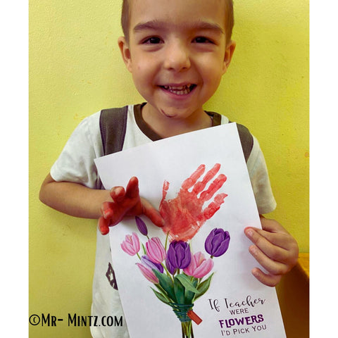 Personalized Teacher Appreciation Printable Art featuring a vibrant bouquet of tulips with a child's handprint and the message 'If Teachers Were Flowers, I'd Pick You.' Ideal for Teacher Appreciation Week or as a unique end-of-year gift to show gratitude.