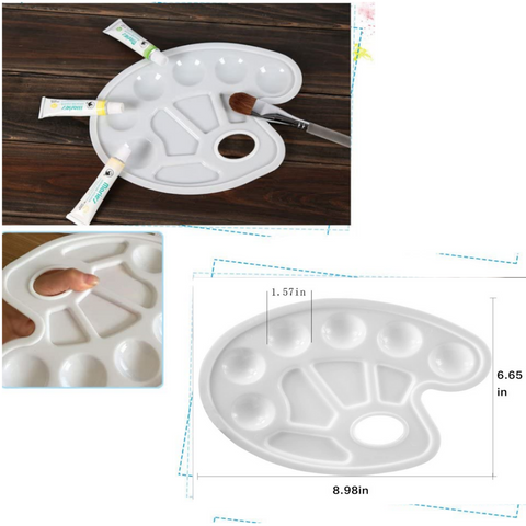 Paint tray has six round wells and four rectangular wells and a thumb hole. The wells are large enough for little not-fully-yet-coordinated hands with brushes to get into without messing up nearby colors.