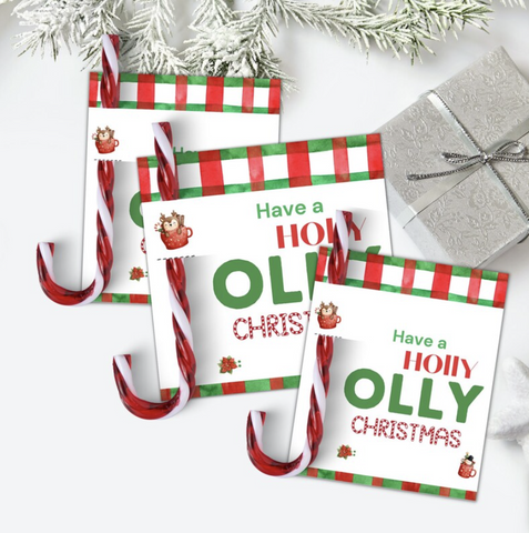 Customizable 'Holly Jolly Christmas' candy cane and lollipop holder. The design includes a white space for personalization and the text 'Have a HOLLY JOLLY Christmas in cheerful red and green fonts.