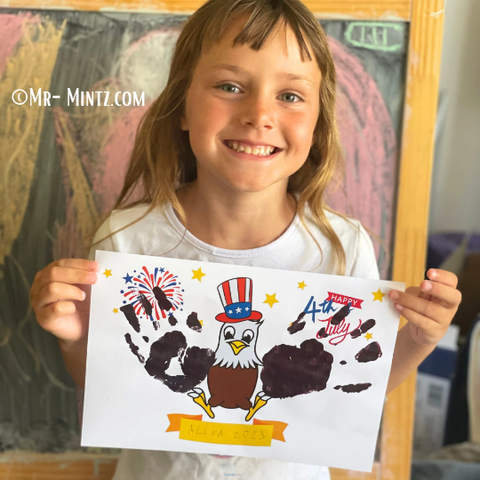 A handprint craft showcasing a majestic eagle with outstretched wings, created using handprints, representing the national symbol of the United States on the 4th of July.