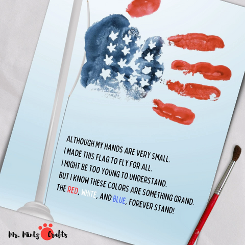 A handprint craft displaying a patriotic American flag with painted handprints as the flag stripes, accompanied by a poem, symbolizing the pride and unity of the United States on the 4th of July.