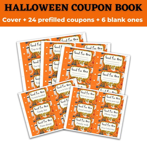 These cute coupon books allow you to create the perfect gift, customized by you for each recipient. Download this Halloween coupon book and get 24 unique pre-filled coupons as well as 6 blank ones for custom coupons. Happy Halloween!!!