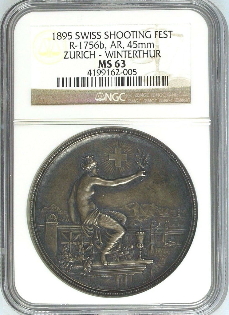 Swiss 1895 Silver Shooting Medal Zurich Winterthur R-1756b Helvetia NGC MS63