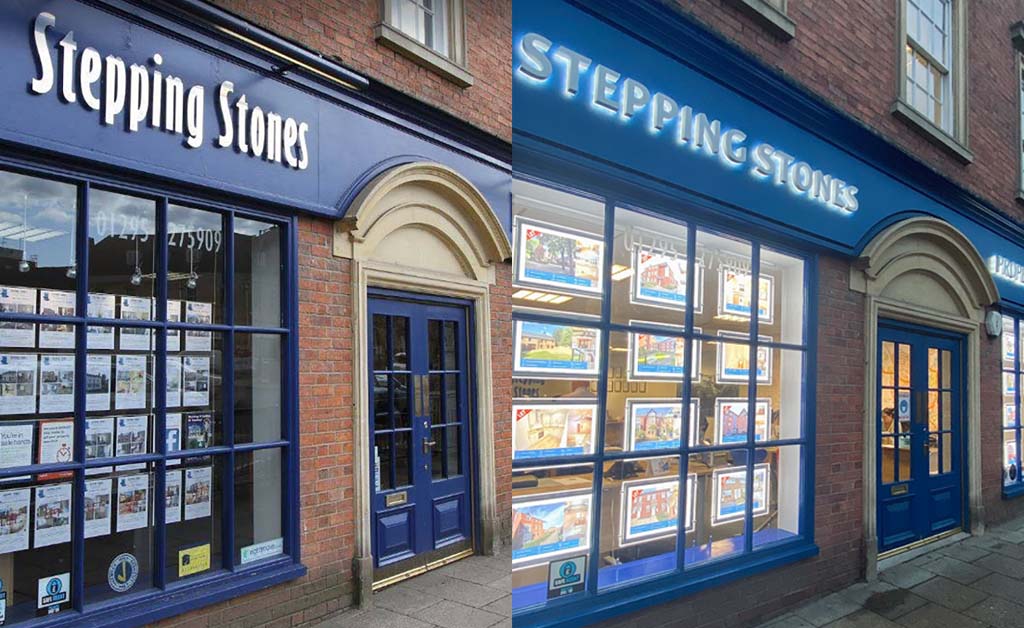 Stepping Stones Banbury with old and new signage and LED window