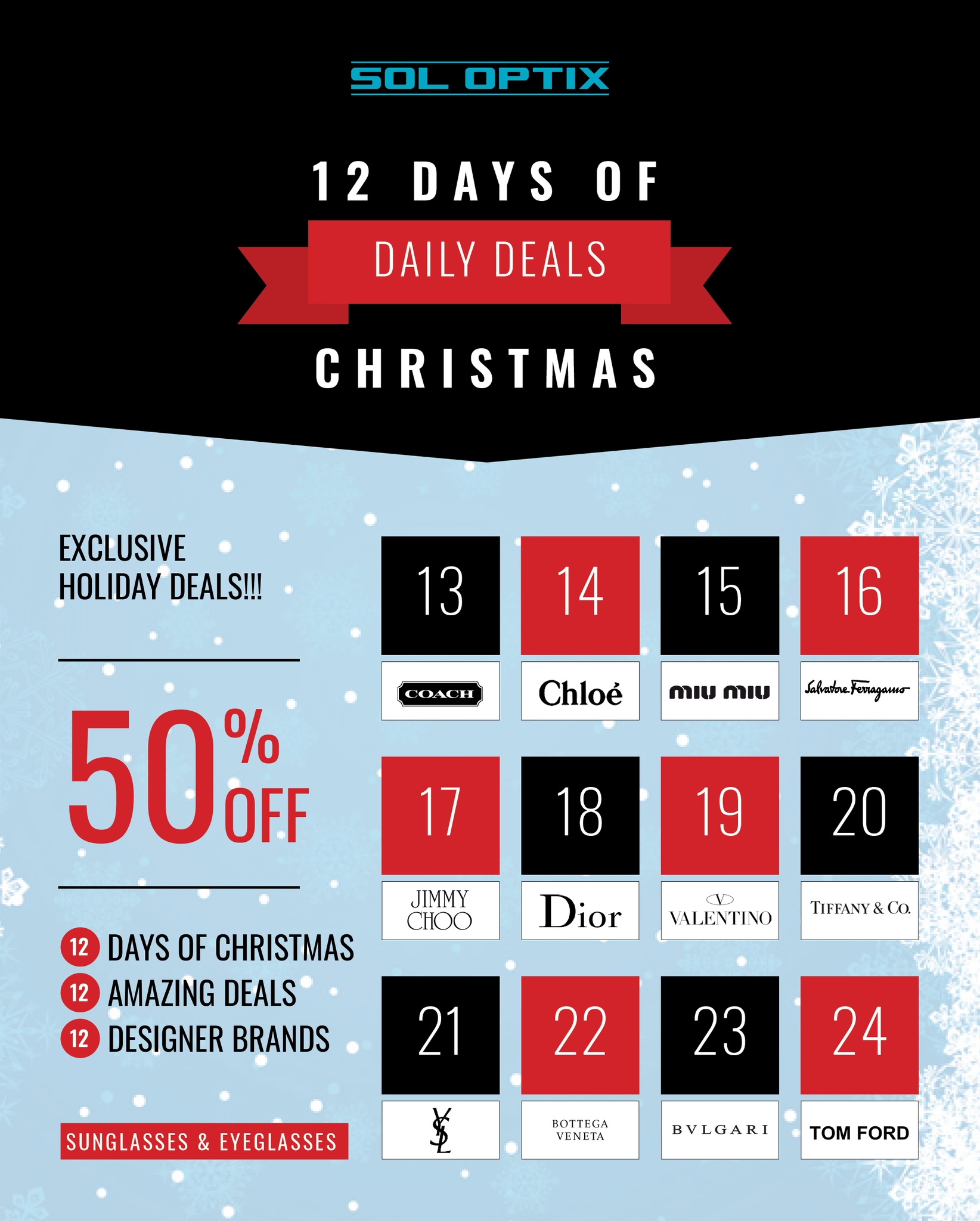 Poster for 12 Days of Christmas holiday sale for prescription eyeglasses and sunglasses.