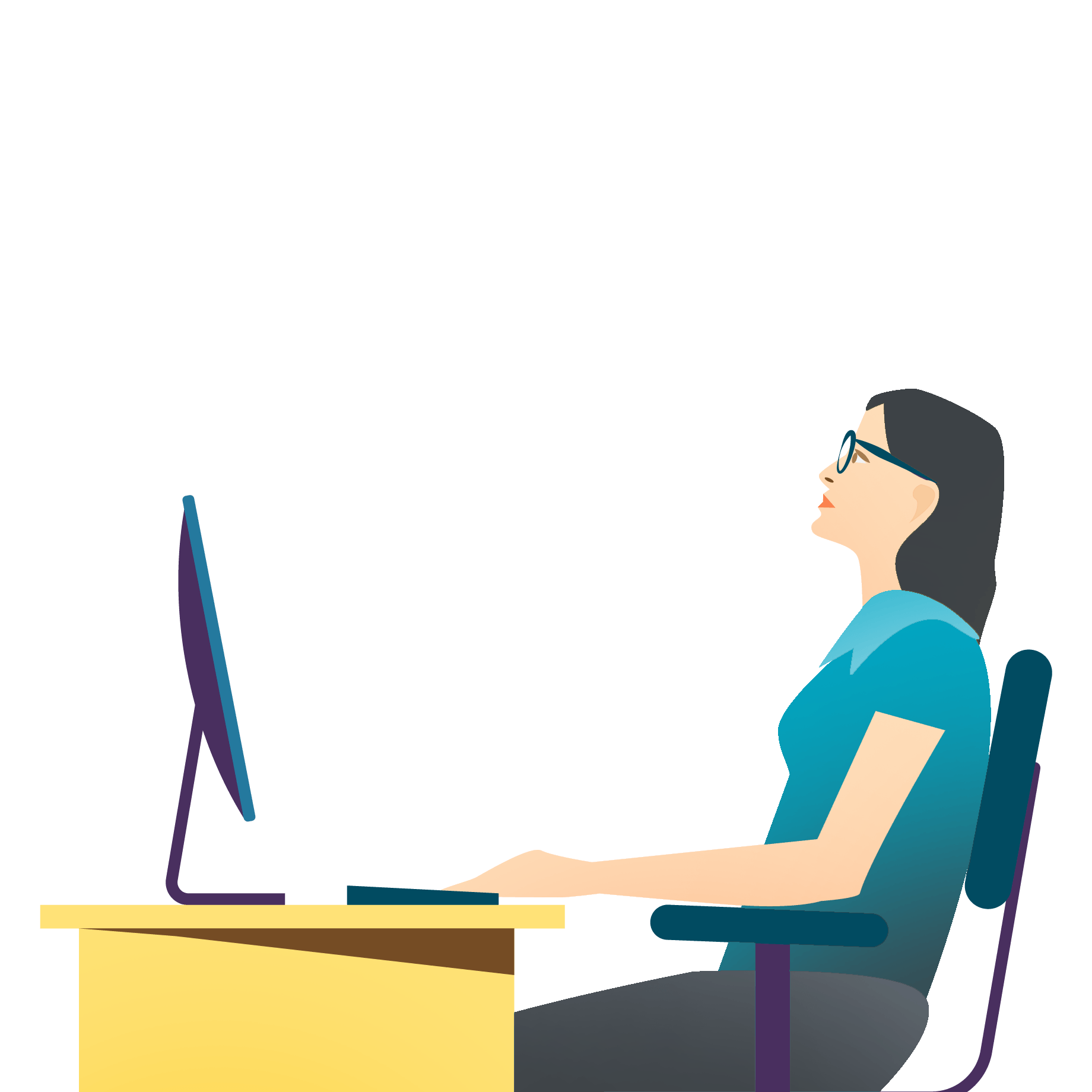 A woman with standard progressive lenses with improper posture working on a computer