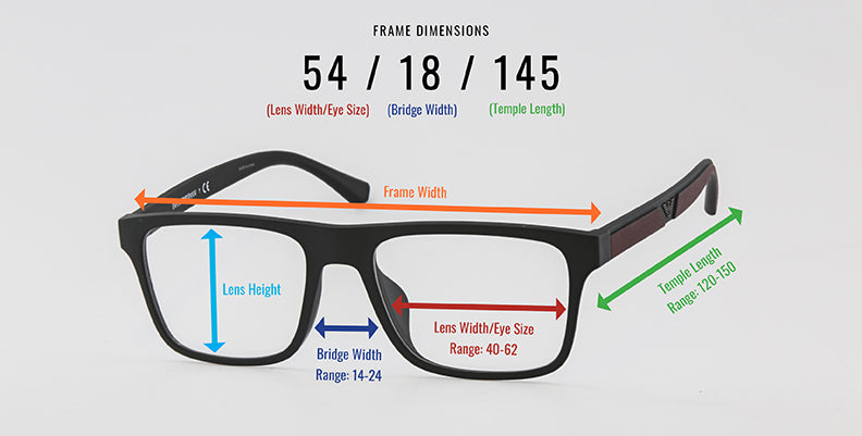 A sizing guide for prescription eyeglass frames.