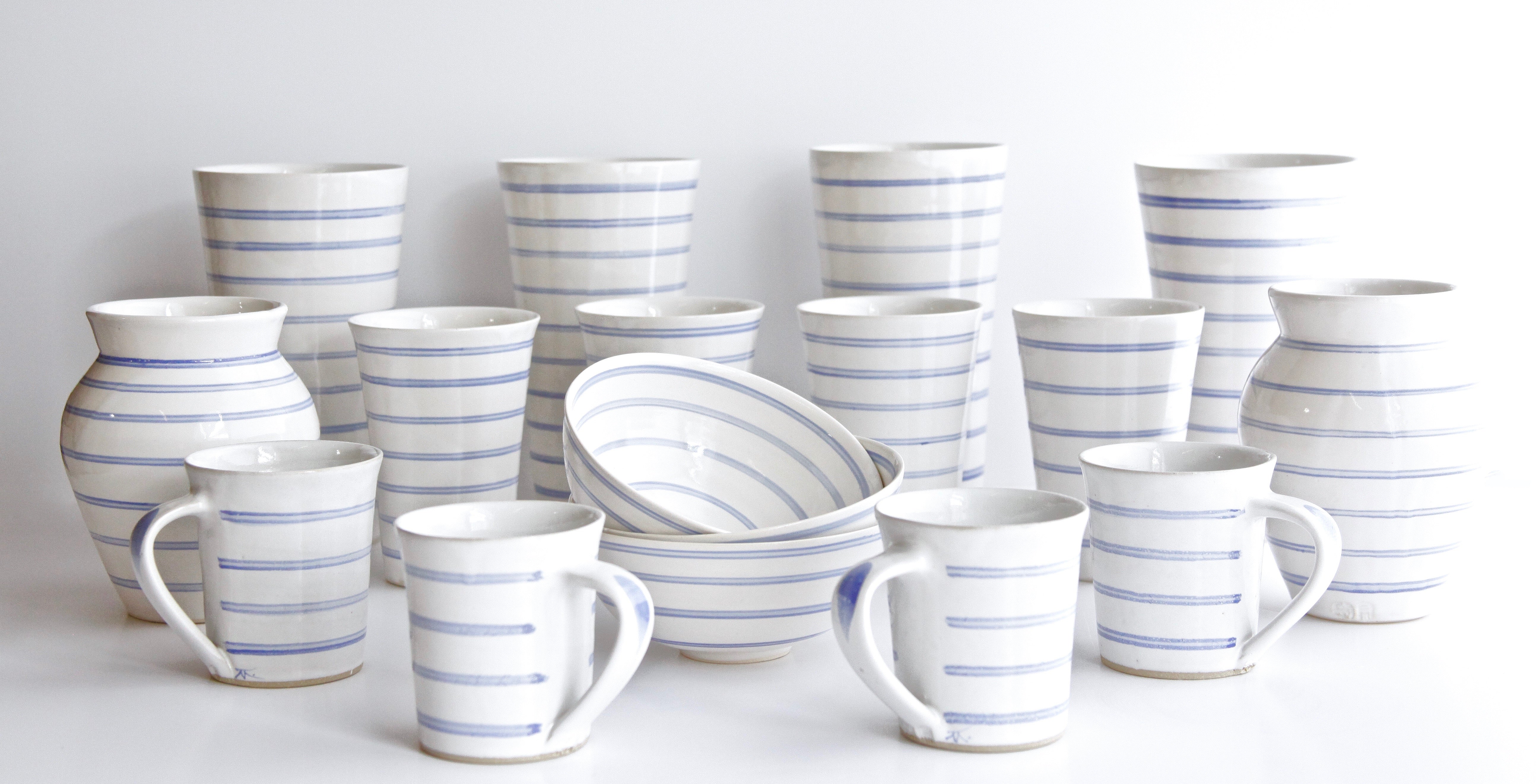 blue white striped pottery