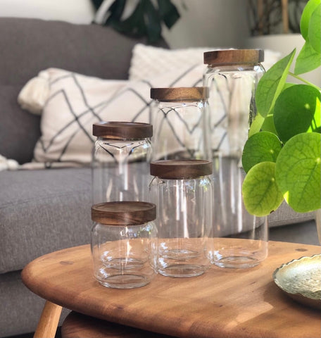 Acacia wood lid glass storage jars in 5 large sizes