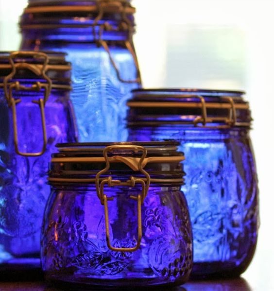 illuminated blue jars