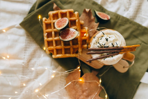 seasonal dessert - waffles with honey, fig and chocolate wands
