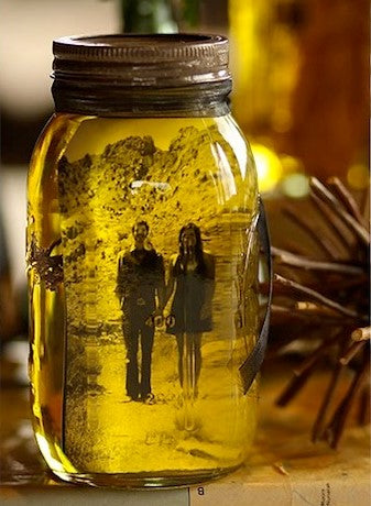 sepia-tone photo frame in glass jar diy