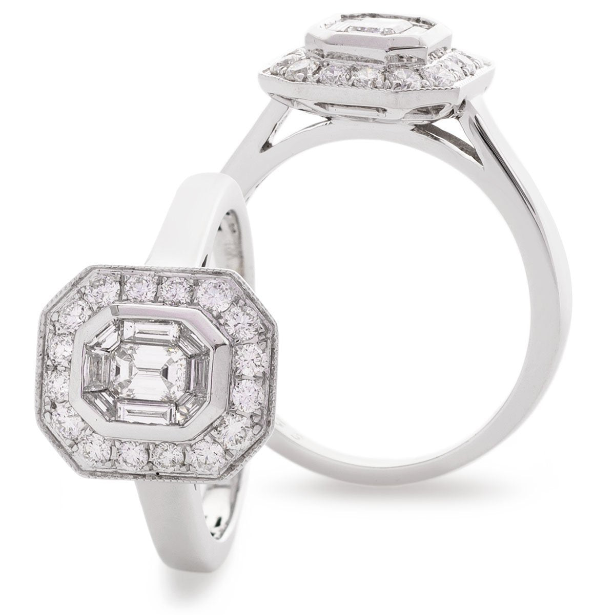Diamond Illusion Cluster Ring 0.95ct F-VS Quality in 18k White Gold UK: J, US: 5, EU: 49