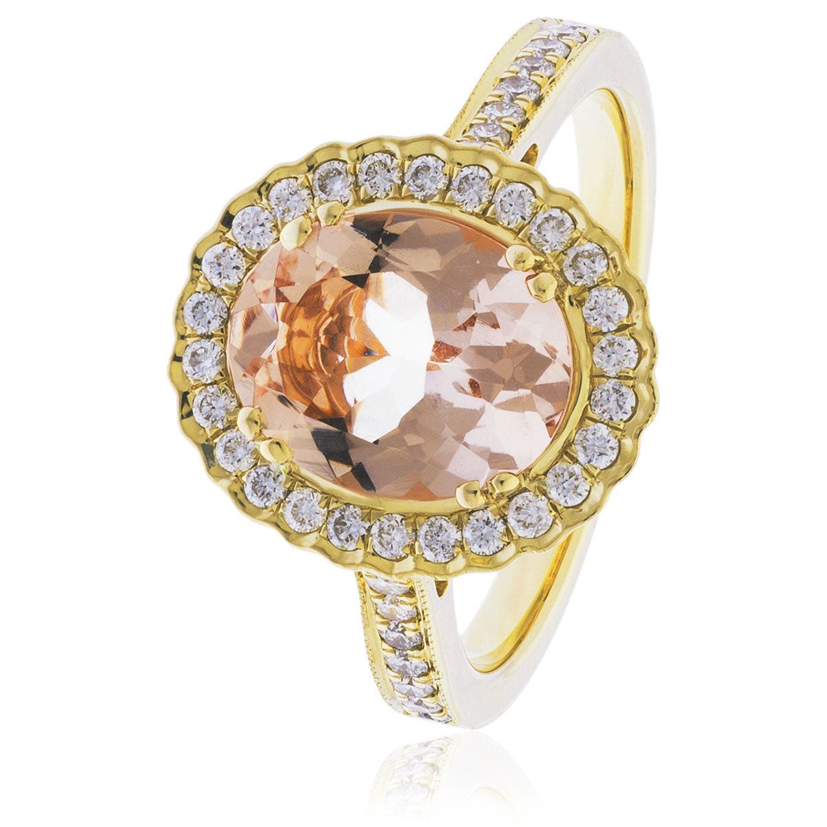 Morganite & Diamond Halo Ring 2.30ct F-VS Quality in 18k Yellow Gold UK: E, US: 2.5, EU: 42.5