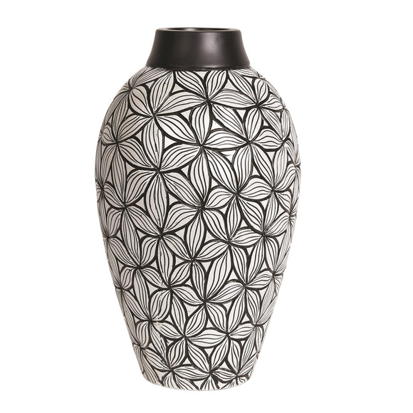 Decorative Etched Flower Pattern Vase Silver with Black Flower Design 34cm - Caths Direct