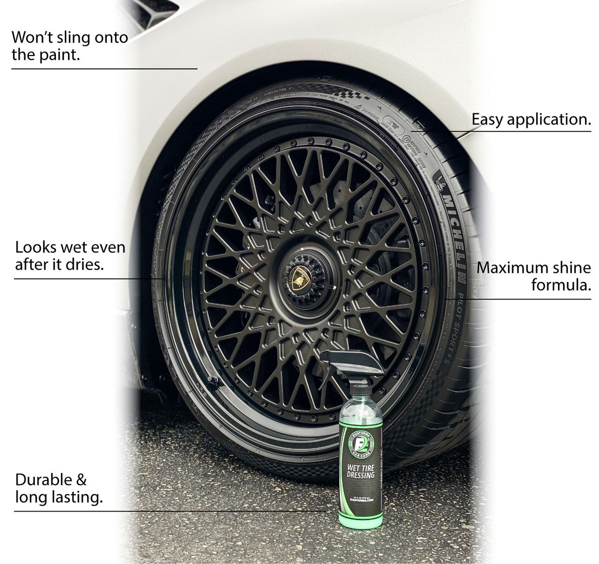  ExoForma Tire Shine - Solvent Based Durable Tire Dressing, Easy  to Apply & Lasts Weeks On Tires, Leaves Behind a Matte & Satin Deep Black  Look : Automotive