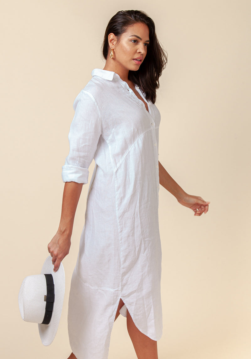 white linen maxi shirt dress