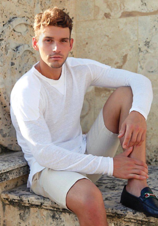 Men's Linen V-Neck T-Shirt | Italian Style Jersey Linen, Fitted Long Sleeve Design, Item #1125 2XL / Denim