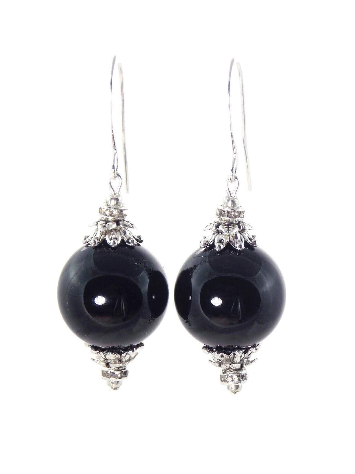 Black Onyx Ball Drop Short Silver Statement Earrings | KMagnifiqueDesigns