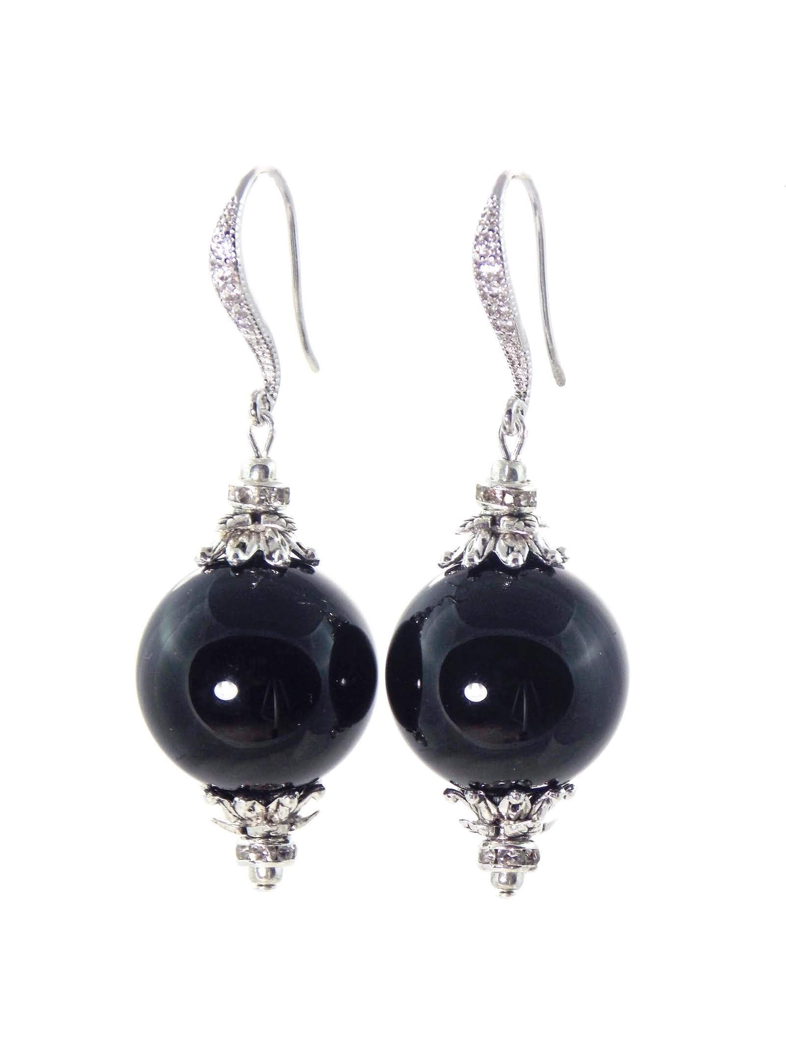 Black Onyx Ball Drop Short Silver Statement Earrings | KMagnifiqueDesigns