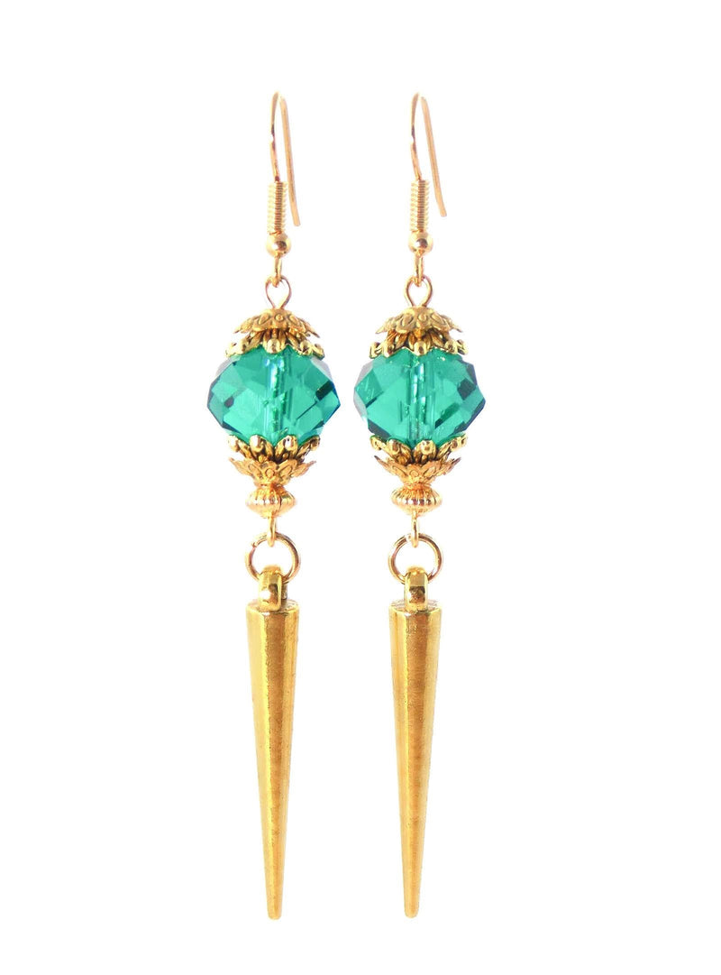 Green Emerald Glass Gold Spike Statement Earrings | KMagnifiqueDesigns