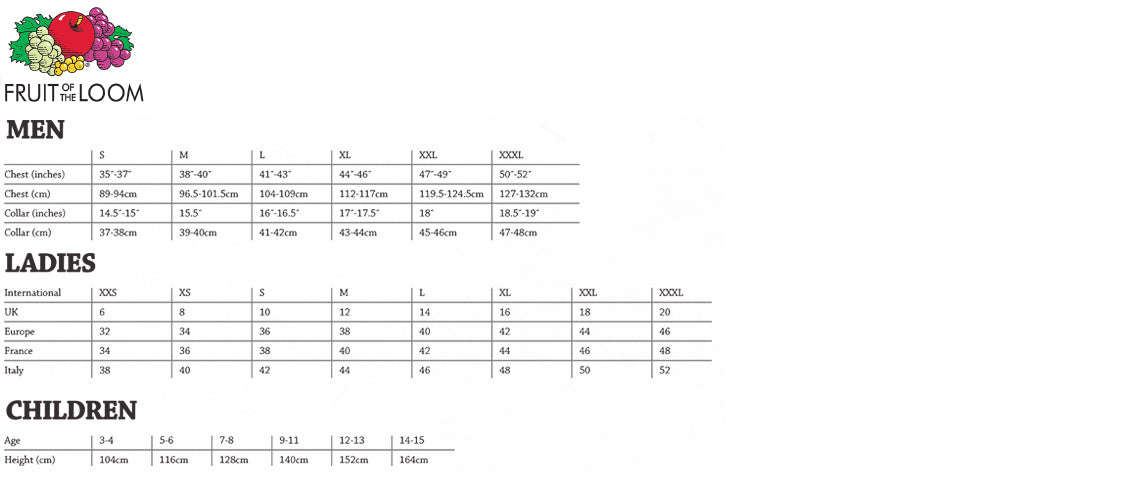 Fruit Of The Loom Womens Size Chart