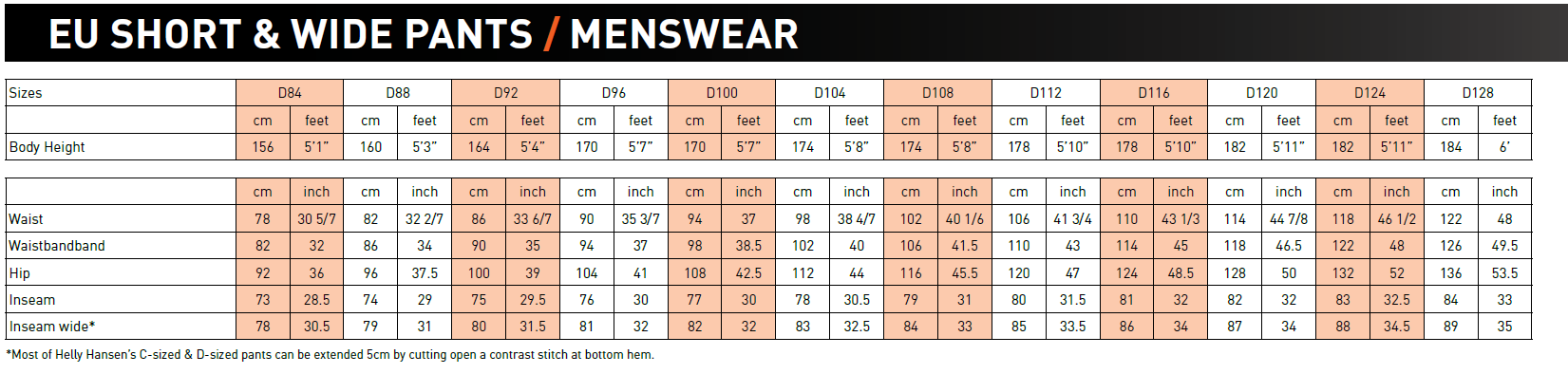 Helly Hansen Size Guide Activewear Brands