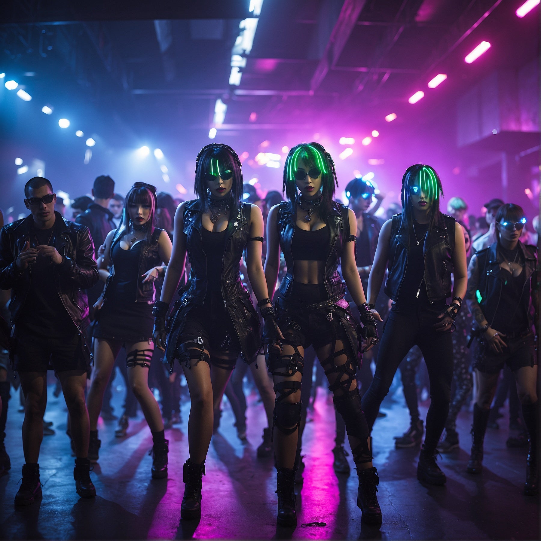 a cybergoth dance rave in an underground nightclub